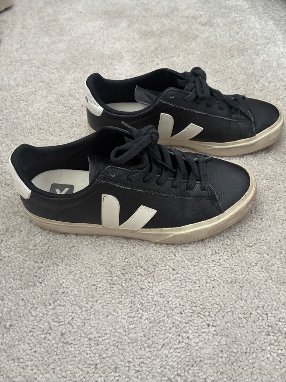Veja Black Leather Low-Top Sneakers with White V Logo